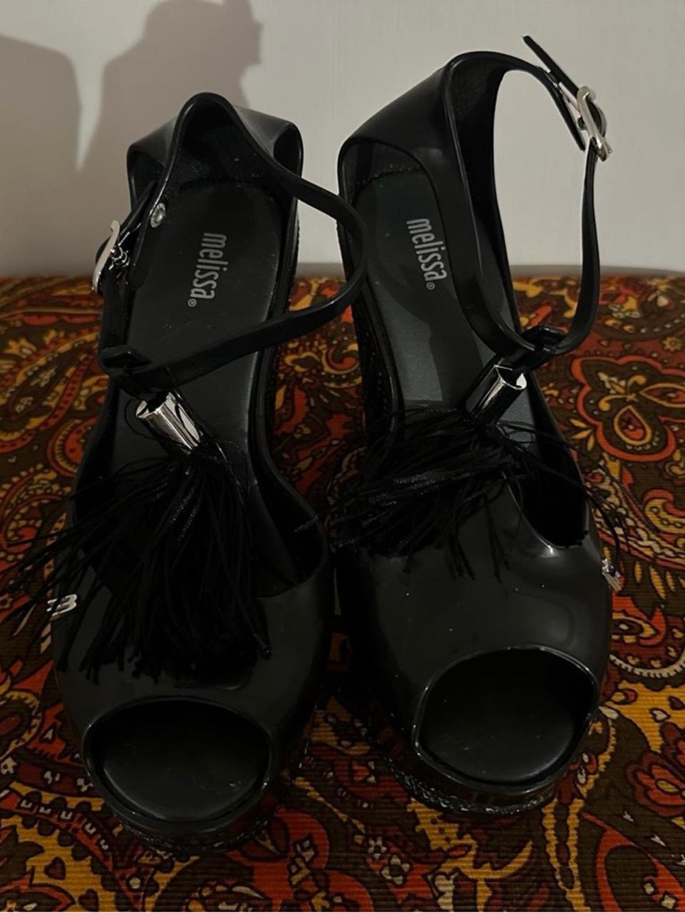 Melissa Black Fringe Platform Wedge Sandals - Picture 3 of 4